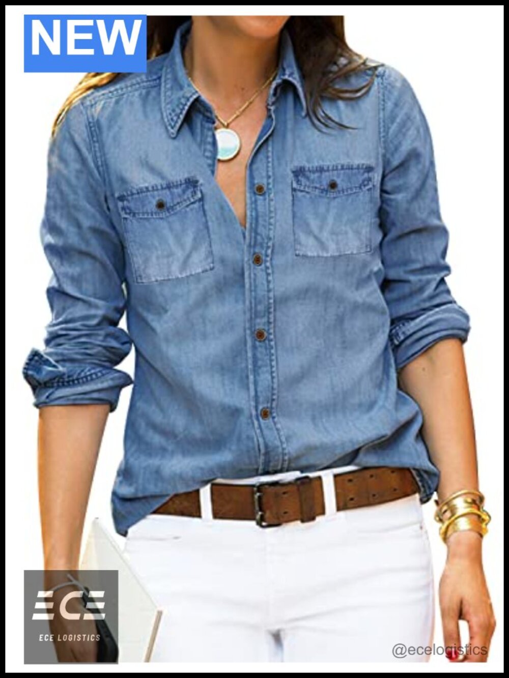 Women's Long Sleeve Collared Button Down Denim Blouse Shirt Top